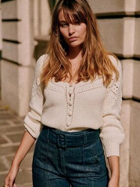 ISO Sezane Moira Jumper Cream V-Neck Buttoned Knit Sweater
